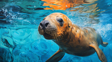 Fototapeta premium Generative AI Vision: A Vivid Seal's Journey in a Tilt-Shifted Ocean Realm 
