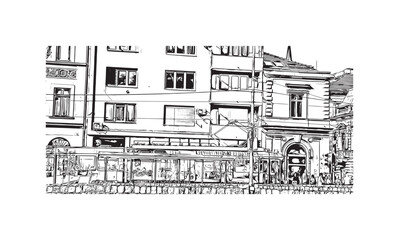 Building view with landmark of Sarajevo is the capital of Bosnia and Herzegovina. Hand drawn sketch illustration in vector.