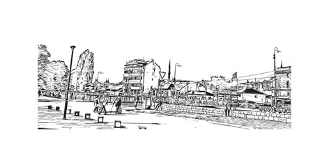 Building view with landmark of Sarajevo is the capital of Bosnia and Herzegovina. Hand drawn sketch illustration in vector.