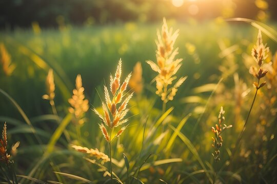 Wild grass in the forest at sunset. Macro image, shallow depth of field. Abstract summer nature background. Vintage filter background
