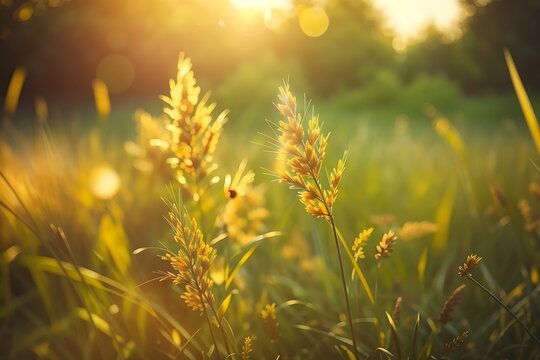 Wild grass in the forest at sunset. Macro image, shallow depth of field. Abstract summer nature background. Vintage filter abstract