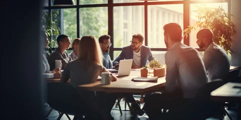 Tuinposter a group of employees are sitting in a meeting and listening to what their boss is saying about business in the organization in the small meeting room, generative AI © VALUEINVESTOR