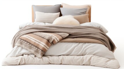 Bed with Pillows and Blankets on a White Background