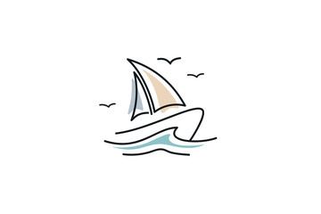 sailboat sailing ship logo with sea ocean waves in line art design style