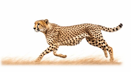 A graceful cheetah sprinting across the grasslands on a white background