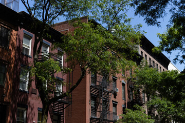 Row of Colorful Old Brick Residential Buildings with Trees during Spring in Hell's Kitchen of New York City