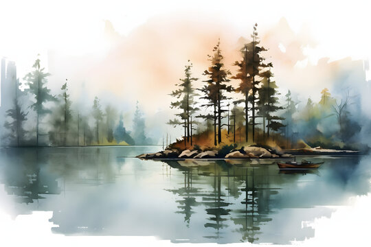 Lake View Watercolor Art Style
