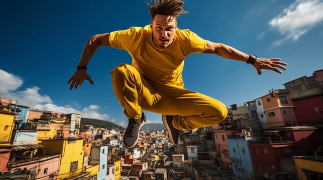 Urban Acrobatics: Agile Male Parkour Athlete Leaps Between Buildings