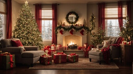 Fototapeta na wymiar Magical Christmas Morning in a Cozy Living Room