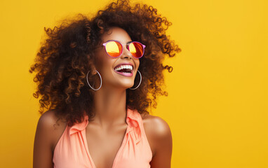 happy fashion smiling girl with bright clothing in solid light background - obrazy, fototapety, plakaty