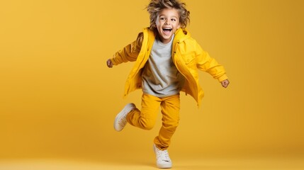 Energetic child with a wide grin and jumping with excitement on yellow background