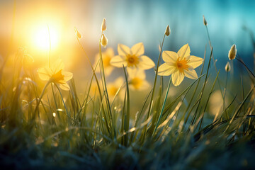 spring flowers in grass under the sun