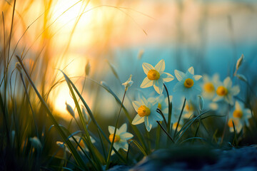 spring flowers in grass under the sun