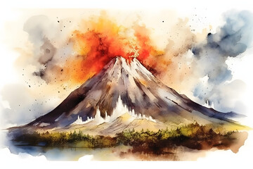 Volcano View Watercolor Art Style