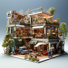 3D image of a building with a sports field and cafe