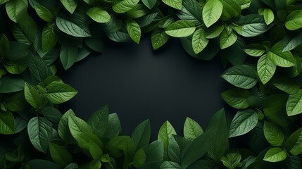 The composition is composed of a frame of juicy green leaves with a beautiful texture and a note on a paper card. Flat lay. Nature concept, copy space.