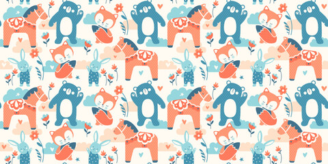 Seamless wallpaper with cute, doodle and fun Scandinavian animals. bear cub, little bunny, baby fox, and Dala horse. Nursery baby background for fabric, wrapping paper. Hand drawn Nordic backdrop.