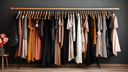 Colorful elegent feminine woman clothes in racks