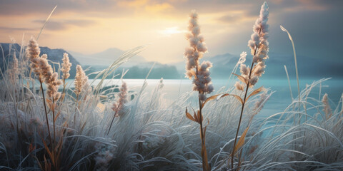 A wild field in winter at dawn