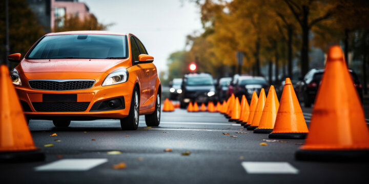 Car with orange traffic cones