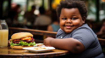 Happy boy in a street cafe with burger - obrazy, fototapety, plakaty