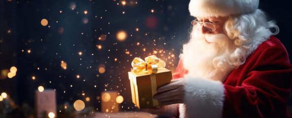Santa Claus is holding a gold box with a gift in it