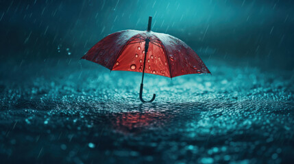 Red umbrella on the pavement in the rain. - obrazy, fototapety, plakaty