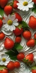 Seamless pattern texture of strawberries with daisies in whipped cream. AI Generation 