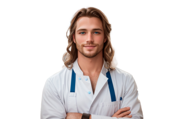 Blond white man with long hair and apron.