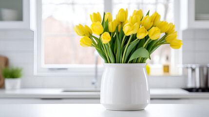 Yellow Tulips in Kitchen Setting Bright Yellow Tulips on Kitchen Counter Kitchen Interior with Yellow Tulip Arrangement Springtime Tulips in a Sunny Kitchen
