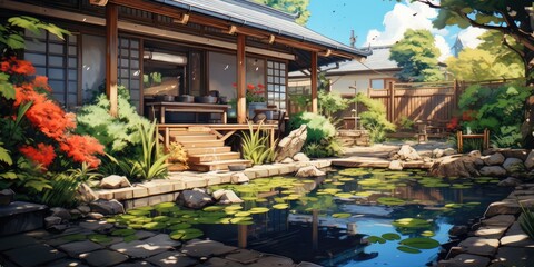 a small terrace house that has japanese designs skinny backyard with koi pond, generative AI