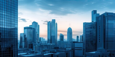 Urban oasis. Contemporary business center. Skyscraper with modern office architecture. Glass towers of success. Cityscape at sunset. Future proof finance. City high rise hub