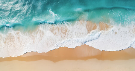 Aerial View of Sandy Beach and Calm Blue Ocean Waves  Idyllic Seaside from Above: Sandy Beach and Blue Waves Sandy Shore from Above: Serene Ocean Waves in Blue 