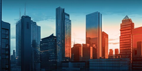Obraz premium Urban oasis. Contemporary business center. Skyscraper with modern office architecture. Glass towers of success. Cityscape at sunset. Future proof finance. City high rise hub