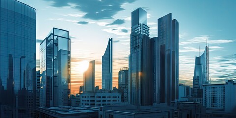Fototapeta premium Urban oasis. Contemporary business center. Skyscraper with modern office architecture. Glass towers of success. Cityscape at sunset. Future proof finance. City high rise hub
