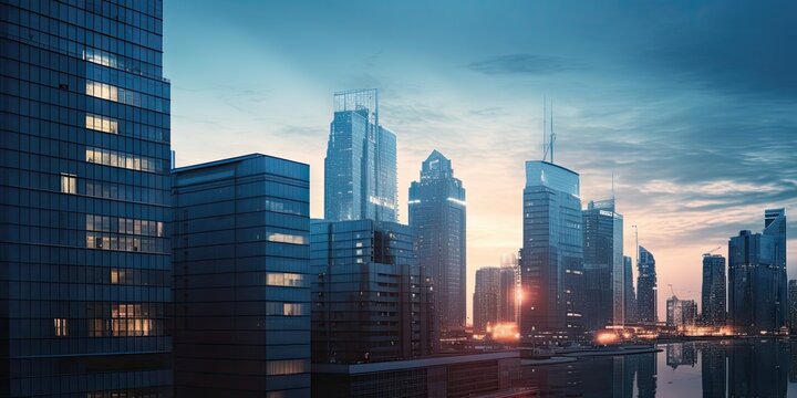 Urban oasis. Contemporary business center. Skyscraper with modern office architecture. Glass towers of success. Cityscape at sunset. Future proof finance. City high rise hub