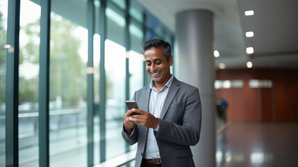 Middle aged manager using cell phone mobile app. 