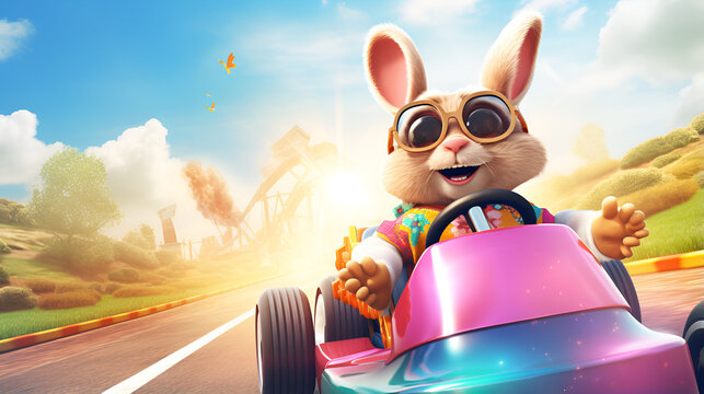 A rabbit driving a race car in a field Adventurous Animal in a Speedy Race Car Fast and Furious: Bunny Racer in Open Field Funny Rabbit Racer in a Green Field