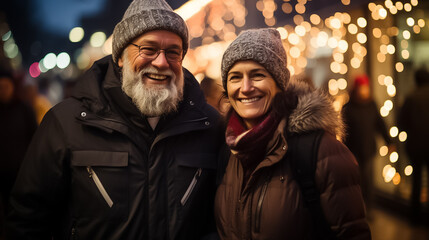 Happy two elderly people woman, man walking against the backdrop of christmas fair lights holding hands on the street, wearing coats. Ai generated - obrazy, fototapety, plakaty