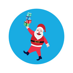 Funny cartoon Santa Claus carrying a stack of big colourful gift boxes