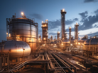 Oil refinery from industrial zone, oil and gas petrochemical industry, oil and gas storage tank pipeline steel oil refinery. Ai generated