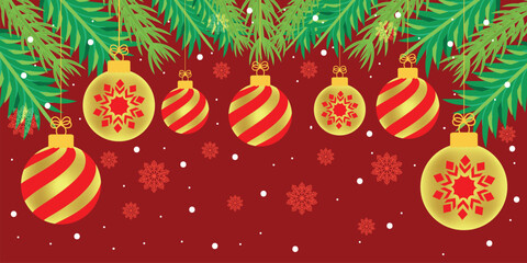 Christmas background with pine tree branches and hanging baubles