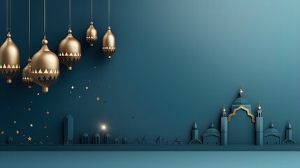 Eid mubarak with a islamic decorative frame pattern crescent star and lantern on a light ornamental background.