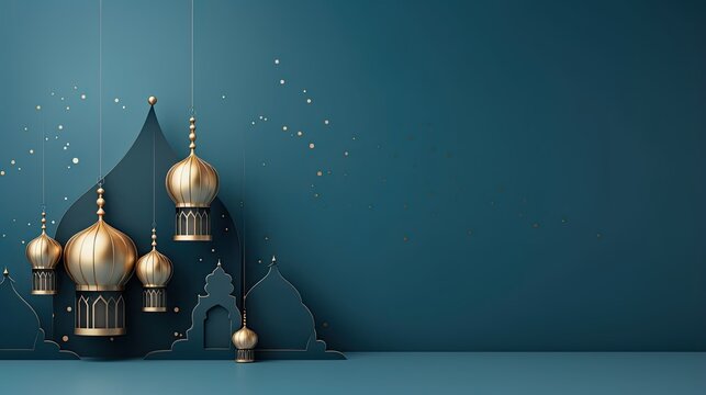 Eid mubarak with a islamic decorative frame pattern crescent star and lantern on a light ornamental background.