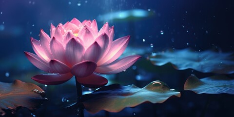 Fluorescent lotus flower and flying large raindrops on one fabulous night. AI Generation 