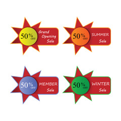 Red and yellow vector sale labels with arrows, perfect for web banners or retail price discount tags 50 percentage