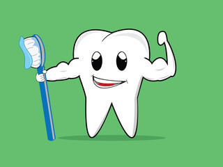 White strong tooth holding a toothbrush, Vector 
