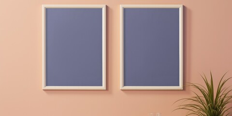 mockup template of 2 poster picture frames, same size, on pink wall, realistic, living room interior design, natural sunlight, generative AI