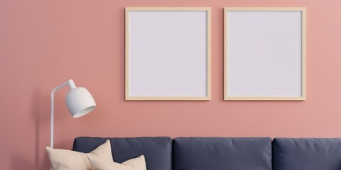 mockup template of 2 poster picture frames, same size, on pink wall, realistic, living room interior design, natural sunlight, generative AI