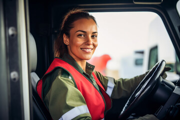 Female truck driver smiling at the camera, Latino women working, integral role women play in the logistics industry, female trucker inside the cabin, logistics concept. - obrazy, fototapety, plakaty